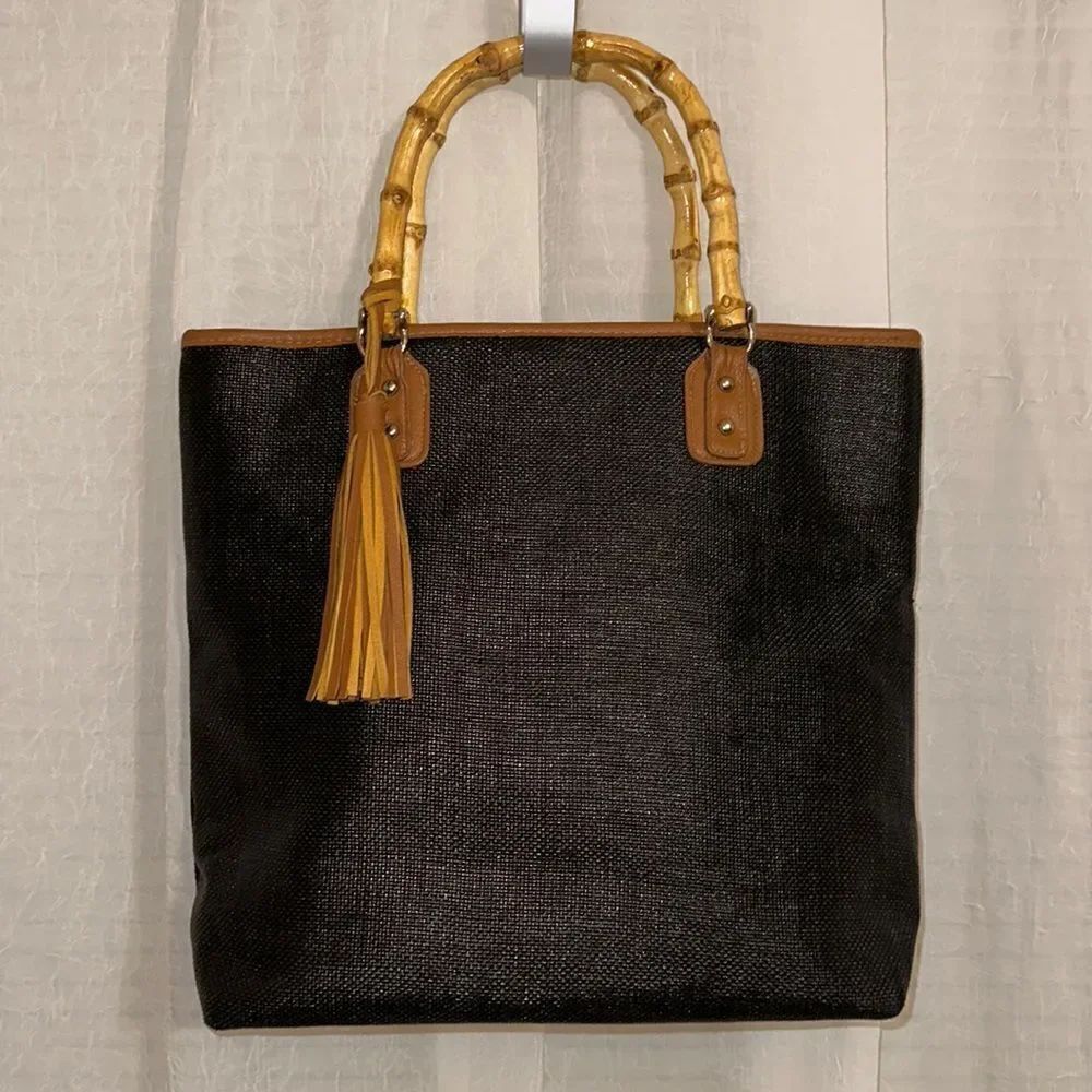 Black Tan Paper Straw Tote with Bamboo Handles and Faux Leather Trim Tassel